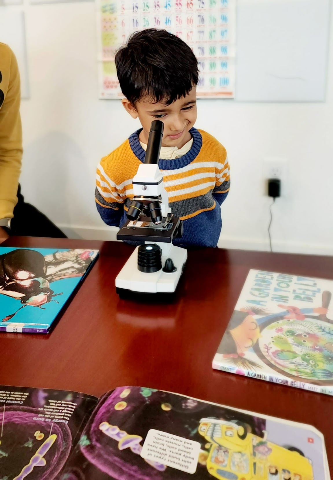 Child observing through a microscope during science learning